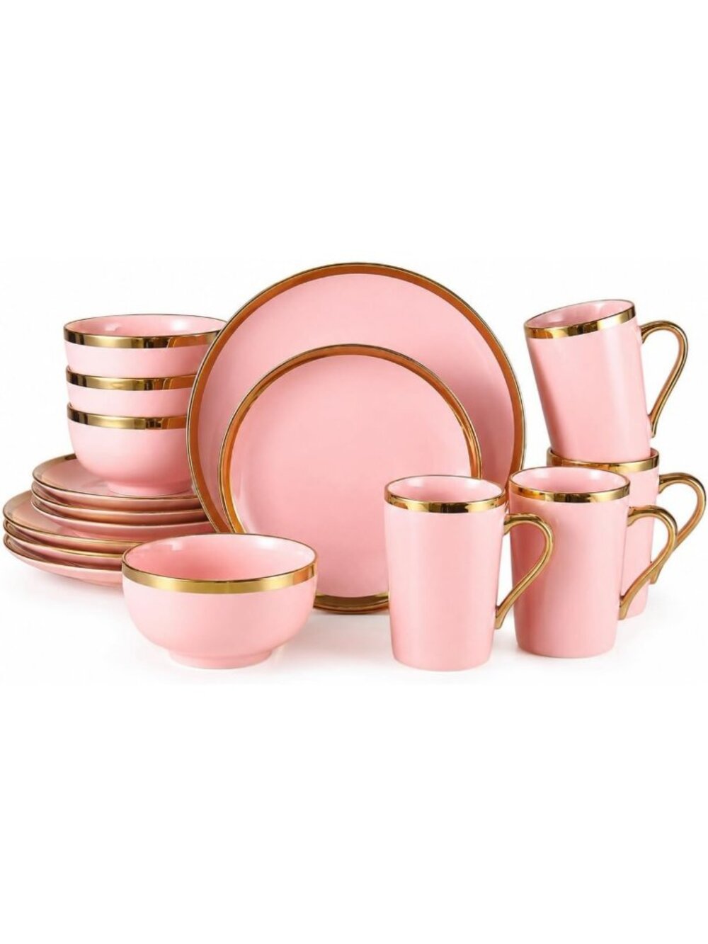 Elegant Pink and Gold Porcelain Dinnerware Set for 4 | 16-Piece Gold Rim